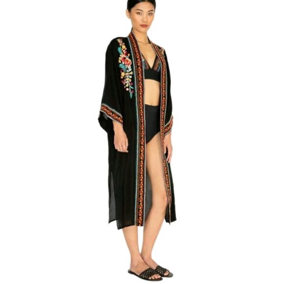 Johnny Was Vanessa Embroidered Kimono Duster Pop Over XS Oversized Black Boho - Picture 1 of 8